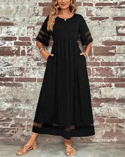 Kadın Kısa Kollu Bisiklet Yaka Tül Detaylı Janjan Krep Maksi Elbise - 3