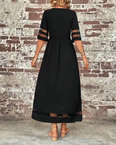 Kadın Kısa Kollu Bisiklet Yaka Tül Detaylı Janjan Krep Maksi Elbise - 5