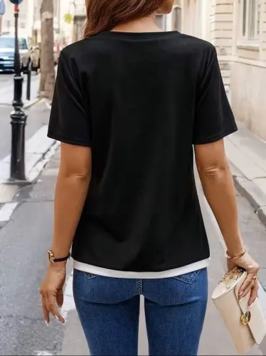 Kadın Kısa Kollu Bisiklet Yaka Viskon Bluz - 3