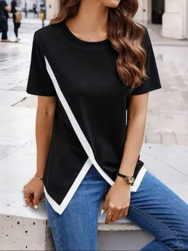 Kadın Kısa Kollu Bisiklet Yaka Viskon Bluz - 5