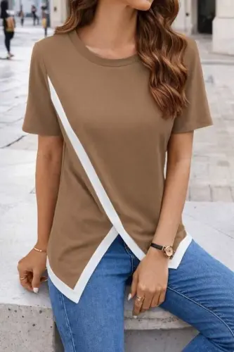 Kadın Kısa Kollu Bisiklet Yaka Viskon Bluz - 10