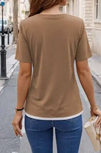 Kadın Kısa Kollu Bisiklet Yaka Viskon Bluz - 11