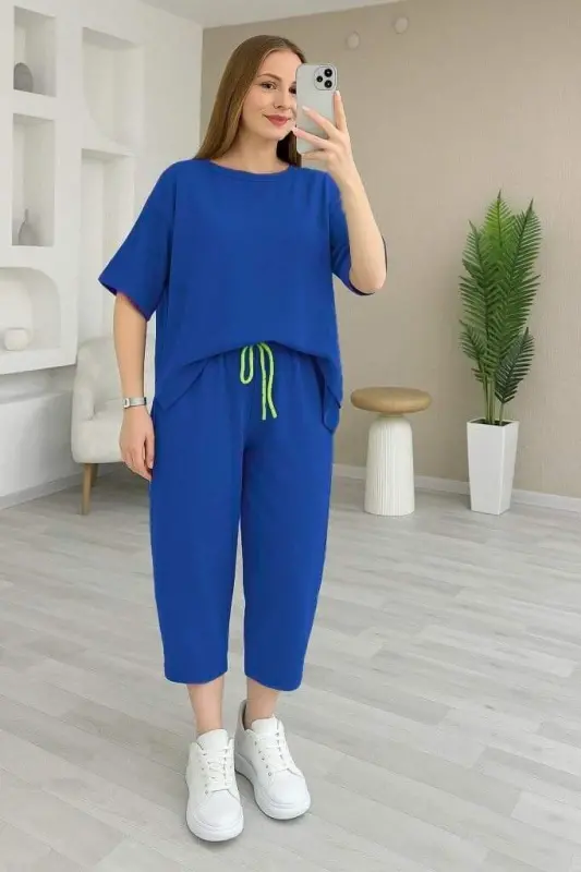 Kadın Kısa Kollu Bisiklet Yaka Viskon Iki Iplik Bluz Ve Pantolon Ikili Takım - 2