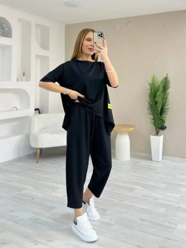 Kadın Kısa Kollu Bisiklet Yaka Viskon Iki Iplik Bluz Ve Pantolon Ikili Takım - BÜYÜKBEDENIZ