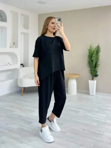 Kadın Kısa Kollu Bisiklet Yaka Viskon Iki Iplik Bluz Ve Pantolon Ikili Takım - 2