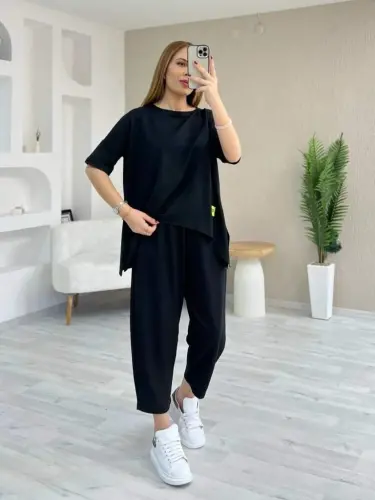 Kadın Kısa Kollu Bisiklet Yaka Viskon Iki Iplik Bluz Ve Pantolon Ikili Takım - 3