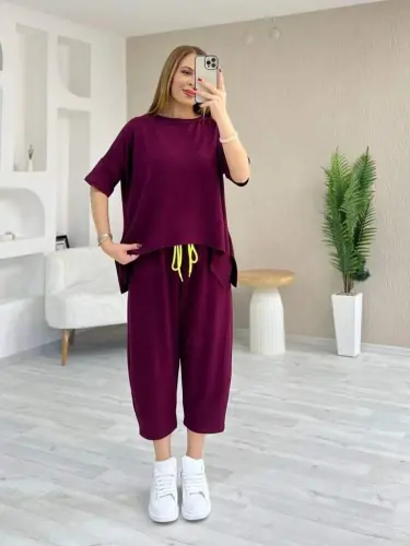 Kadın Kısa Kollu Bisiklet Yaka Viskon Iki Iplik Bluz Ve Pantolon Ikili Takım - BÜYÜKBEDENIZ (1)