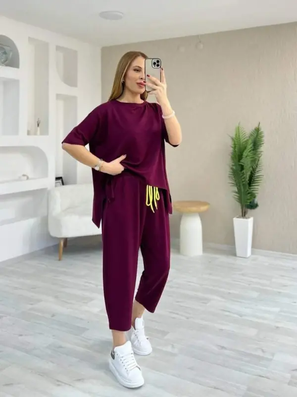 Kadın Kısa Kollu Bisiklet Yaka Viskon Iki Iplik Bluz Ve Pantolon Ikili Takım - BÜYÜKBEDENIZ