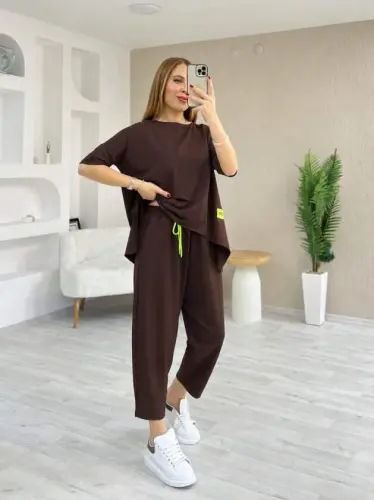 Kadın Kısa Kollu Bisiklet Yaka Viskon Iki Iplik Bluz Ve Pantolon Ikili Takım - 1