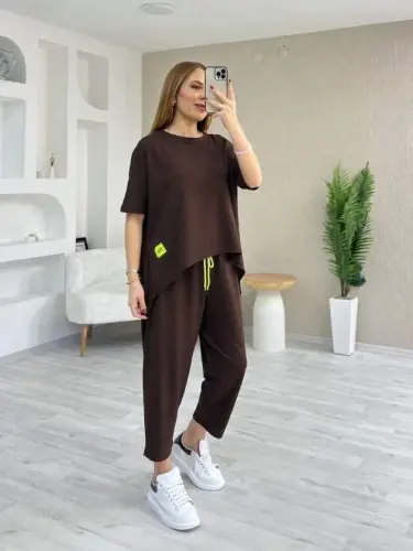 Kadın Kısa Kollu Bisiklet Yaka Viskon Iki Iplik Bluz Ve Pantolon Ikili Takım - 3