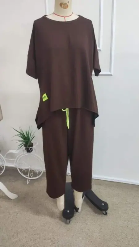 Kadın Kısa Kollu Bisiklet Yaka Viskon Iki Iplik Bluz Ve Pantolon Ikili Takım - 4
