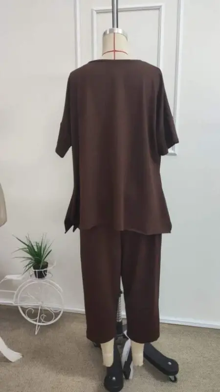 Kadın Kısa Kollu Bisiklet Yaka Viskon Iki Iplik Bluz Ve Pantolon Ikili Takım - 5