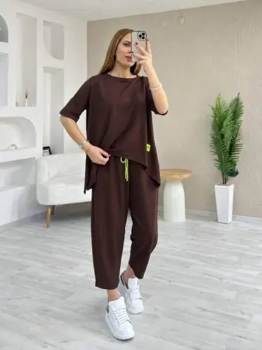 Kadın Kısa Kollu Bisiklet Yaka Viskon Iki Iplik Bluz Ve Pantolon Ikili Takım - BÜYÜKBEDENIZ (1)