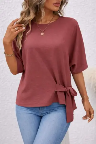 Kadın Kısa Kollu Bisiklet Yaka Yandan Bağcıklı Aerobin Bluz - 1