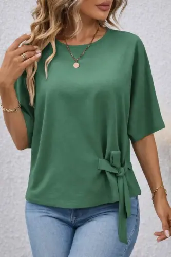 Kadın Kısa Kollu Bisiklet Yaka Yandan Bağcıklı Aerobin Bluz - 1