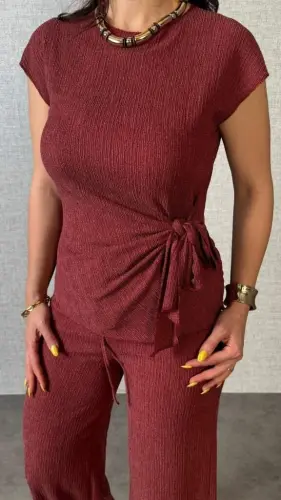 Kadın Kısa Kollu Bisiklet Yaka Yandan Bağlamalı Bürümcük Bluz Ve Pantolon Ikili Takım - 3