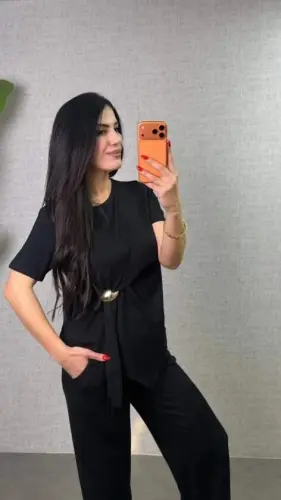 Kadın Kısa Kollu Bisiklet Yaka Yandan Toka Detaylı Viskon Iki Iplik Bluz Ve Pantolon Ikili Takım - BÜYÜKBEDENIZ (1)