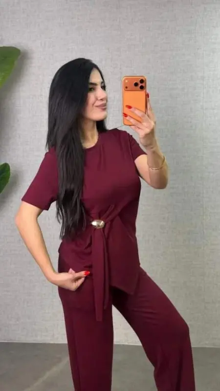 Kadın Kısa Kollu Bisiklet Yaka Yandan Toka Detaylı Viskon Iki Iplik Bluz Ve Pantolon Ikili Takım - 2