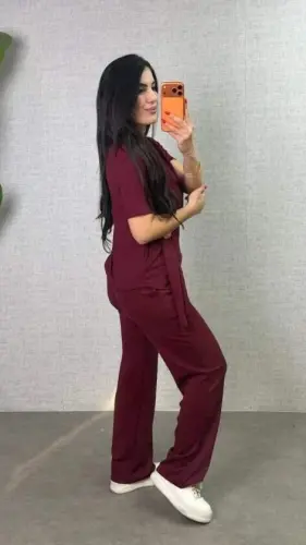Kadın Kısa Kollu Bisiklet Yaka Yandan Toka Detaylı Viskon Iki Iplik Bluz Ve Pantolon Ikili Takım - 3