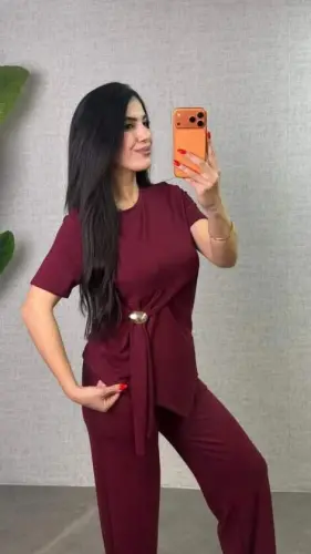 Kadın Kısa Kollu Bisiklet Yaka Yandan Toka Detaylı Viskon Iki Iplik Bluz Ve Pantolon Ikili Takım - BÜYÜKBEDENIZ (1)