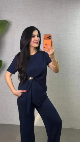 Kadın Kısa Kollu Bisiklet Yaka Yandan Toka Detaylı Viskon Iki Iplik Bluz Ve Pantolon Ikili Takım - BÜYÜKBEDENIZ (1)
