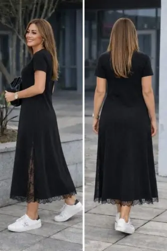 Kadın Kısa Kollu Bisiklet Yaka Yandan Yırtmaçlı Dantel Detaylı Uzun Viskon Elbise - BÜYÜKBEDENIZ (1)