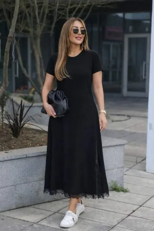 Kadın Kısa Kollu Bisiklet Yaka Yandan Yırtmaçlı Dantel Detaylı Uzun Viskon Elbise - BÜYÜKBEDENIZ