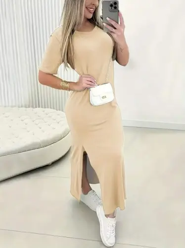 Kadın Kısa Kollu Bisiklet Yaka Yandan Yırtmaçlı Viskon Elbise - 4