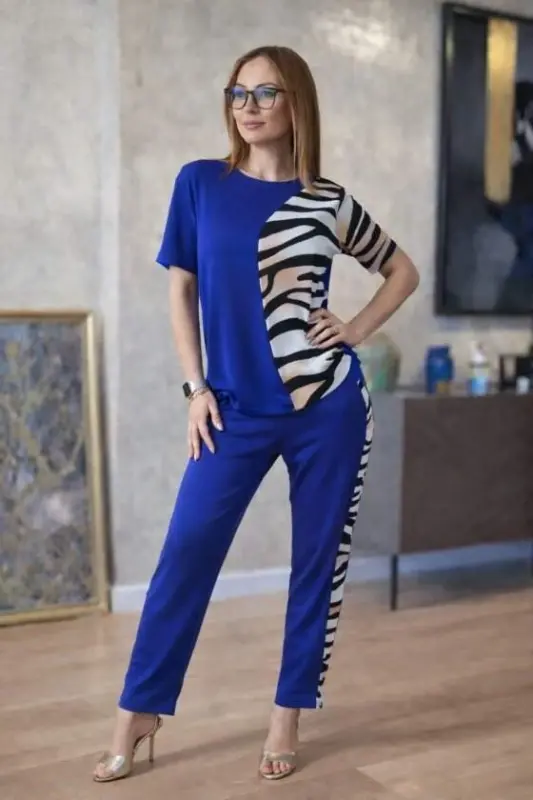 Kadın Kısa Kollu Bisiklet Yaka Zebra Desen Bluz Ve Pantolon Ikili Takım - 2