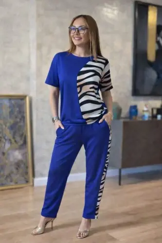 Kadın Kısa Kollu Bisiklet Yaka Zebra Desen Bluz Ve Pantolon Ikili Takım - 3