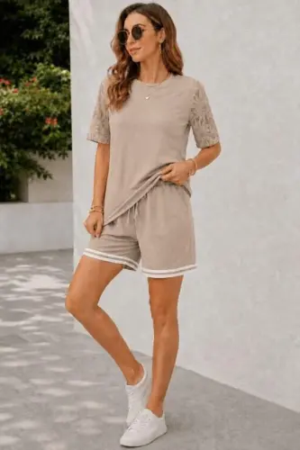 Kadın Kısa Kollu Bisiklet Yakalı Waffle Bluz Ve Short Ikili Takım - 2