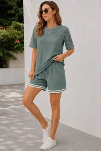 Kadın Kısa Kollu Bisiklet Yakalı Waffle Bluz Ve Short Ikili Takım - 3