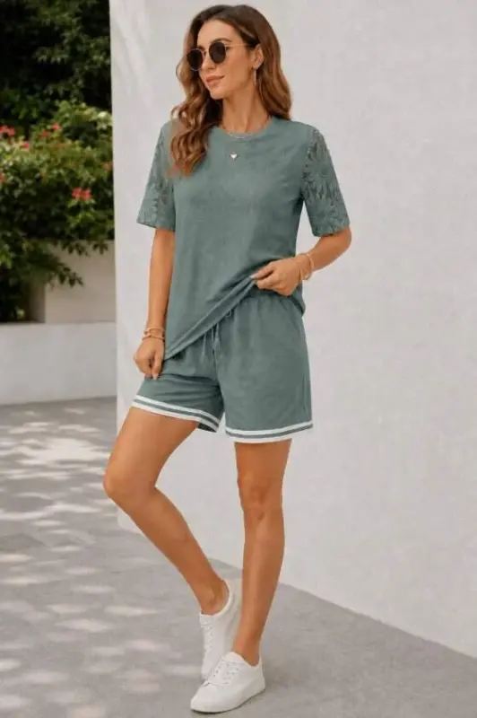 Kadın Kısa Kollu Bisiklet Yakalı Waffle Bluz Ve Short Ikili Takım - 3