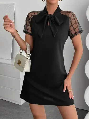 Kadın Kısa Kollu Boyundan Bağlamalı Omuzlarda Tül Detaylı Janjan Krep Elbise - 1