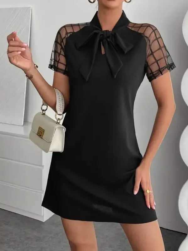 Kadın Kısa Kollu Boyundan Bağlamalı Omuzlarda Tül Detaylı Janjan Krep Elbise - BÜYÜKBEDENIZ