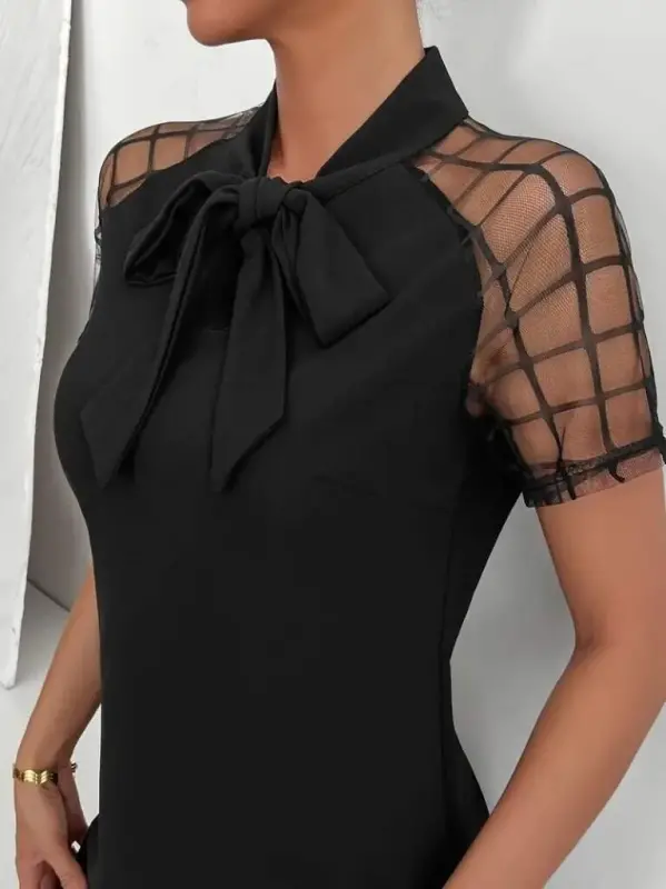 Kadın Kısa Kollu Boyundan Bağlamalı Omuzlarda Tül Detaylı Janjan Krep Elbise - 2