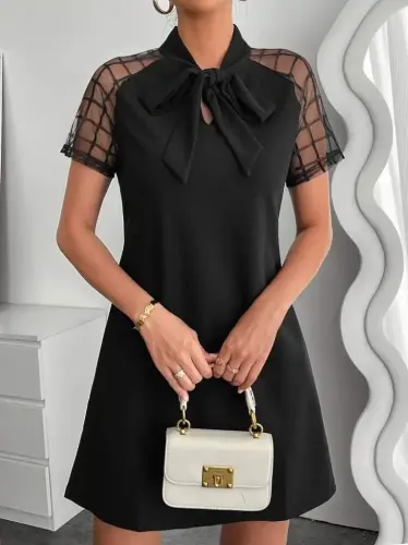 Kadın Kısa Kollu Boyundan Bağlamalı Omuzlarda Tül Detaylı Janjan Krep Elbise - 3