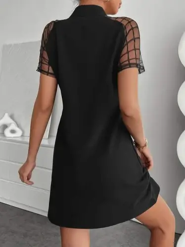 Kadın Kısa Kollu Boyundan Bağlamalı Omuzlarda Tül Detaylı Janjan Krep Elbise - 5