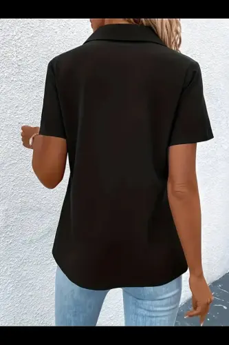 Kadın Kısa Kollu Ceket Yaka önü Fermuarlı Cep Detay Kısa Kol Ithal Krep Bluz - 3