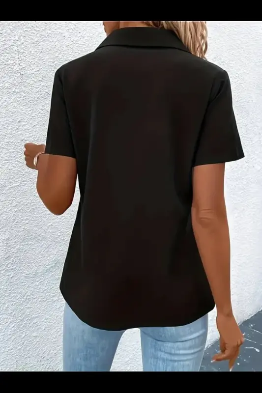 Kadın Kısa Kollu Ceket Yaka önü Fermuarlı Cep Detay Kısa Kol Ithal Krep Bluz - 3