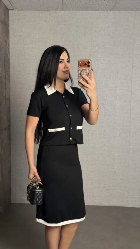 Kadın Kısa Kollu Cep Ve Düğme Detay Ceket Ve Diz üstü Etek Ikili Takım - 2