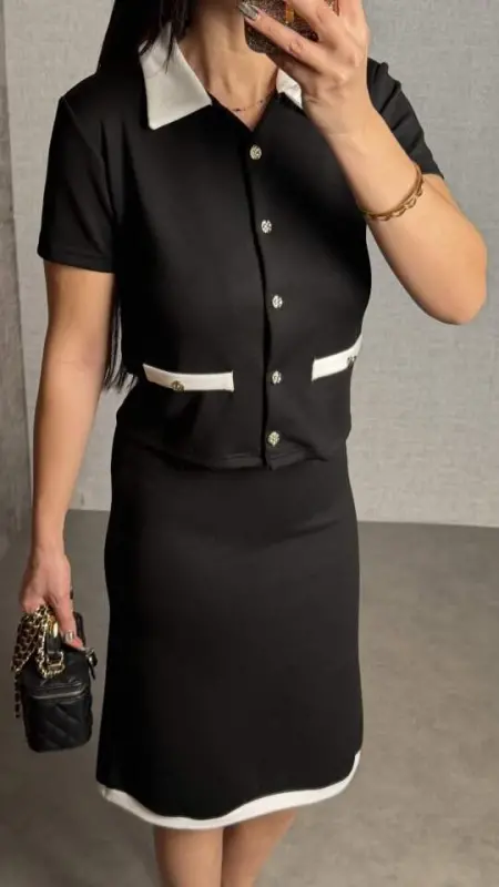 Kadın Kısa Kollu Cep Ve Düğme Detay Ceket Ve Diz üstü Etek Ikili Takım - 3