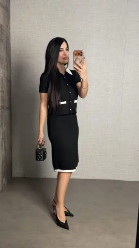 Kadın Kısa Kollu Cep Ve Düğme Detay Ceket Ve Diz üstü Etek Ikili Takım - 4