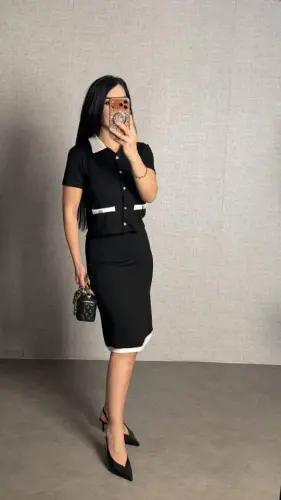 Kadın Kısa Kollu Cep Ve Düğme Detay Ceket Ve Diz üstü Etek Ikili Takım - 7