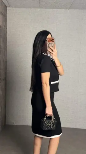 Kadın Kısa Kollu Cep Ve Düğme Detay Ceket Ve Diz üstü Etek Ikili Takım - 8