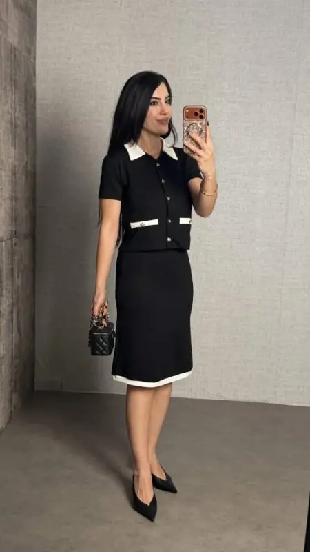 Kadın Kısa Kollu Cep Ve Düğme Detay Ceket Ve Diz üstü Etek Ikili Takım - 9