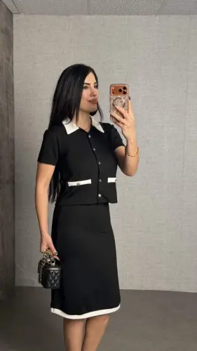 Kadın Kısa Kollu Cep Ve Düğme Detay Ceket Ve Diz üstü Etek Ikili Takım - BÜYÜKBEDENIZ (1)