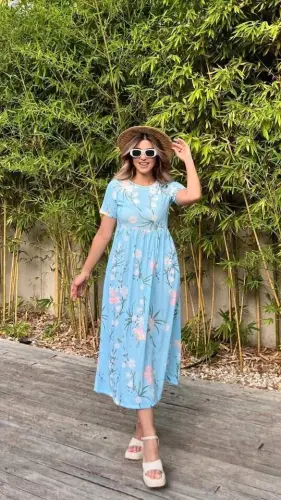 Kadın Kısa Kollu çiçek Baskı Midi Boy Süprem Elbise - BÜYÜKBEDENIZ (1)