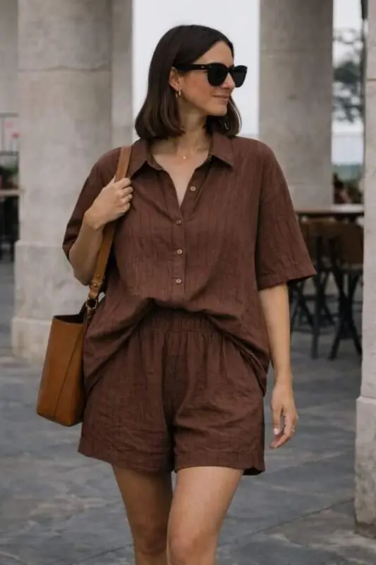 Kadın Kısa Kollu çizgili Modal Kumaş Gömlek Ve Yüksek Bel Lastik Detay şort Ikili Takım - 1