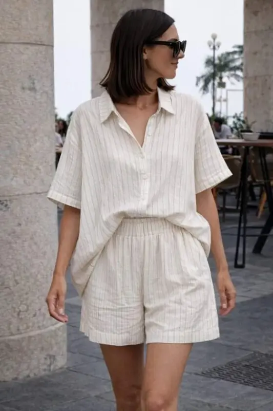 Kadın Kısa Kollu çizgili Modal Kumaş Gömlek Ve Yüksek Bel Lastik Detay şort Ikili Takım - 1